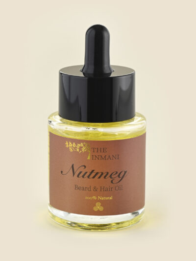 Nutmeg Skæg- & Hårolie fra THE INMANI – 100 % naturlig olie til skæg og hår, vist i glasflaske med pipette.