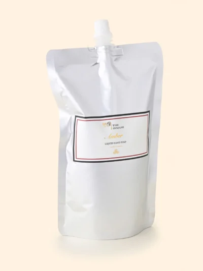 Amber Refill 500 ml – naturlig flydende håndsæbe i fødevaregodkendt aluminium Refill til THE INMANI Amber håndsæbe – håndlavet i Helsingør, vegansk og parfume-fri Genopfyldelig håndsæbe i bæredygtig emballage – olivenolie & æteriske olier