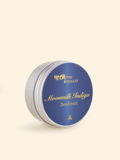 Naturlig deodorant Moonmilk Indigo fra THE INMANI – botanisk duft med ylang ylang, jasmin og sandeltræ i plastfri emballage.
