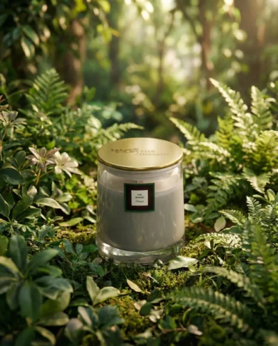 Forest duftlys fra THE INMANI i naturlig soyavoks med trævæge – skov, cedertræ og enebær