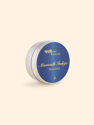 Naturlig deodorant Moonmilk Indigo fra THE INMANI – botanisk duft med ylang ylang, jasmin og sandeltræ i plastfri emballage.