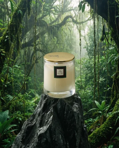 Rainfall duftlys fra THE INMANI i naturlig soyavoks med trævæge – skov efter regn og trænoter