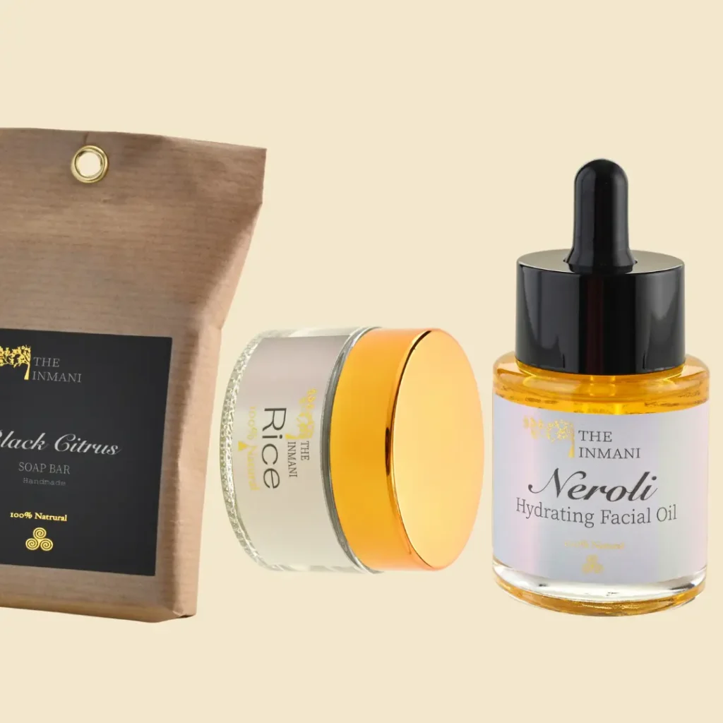 Balancerende hudplejekit til kombineret og fedtet hud fra THE INMANI med rens, let ansigtsolie og mineralsk maske