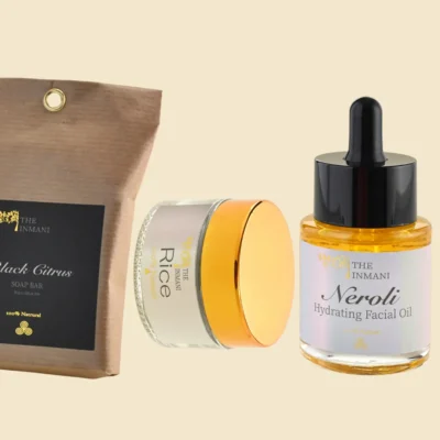 Balancerende hudplejekit til kombineret og fedtet hud fra THE INMANI med rens, let ansigtsolie og mineralsk maske
