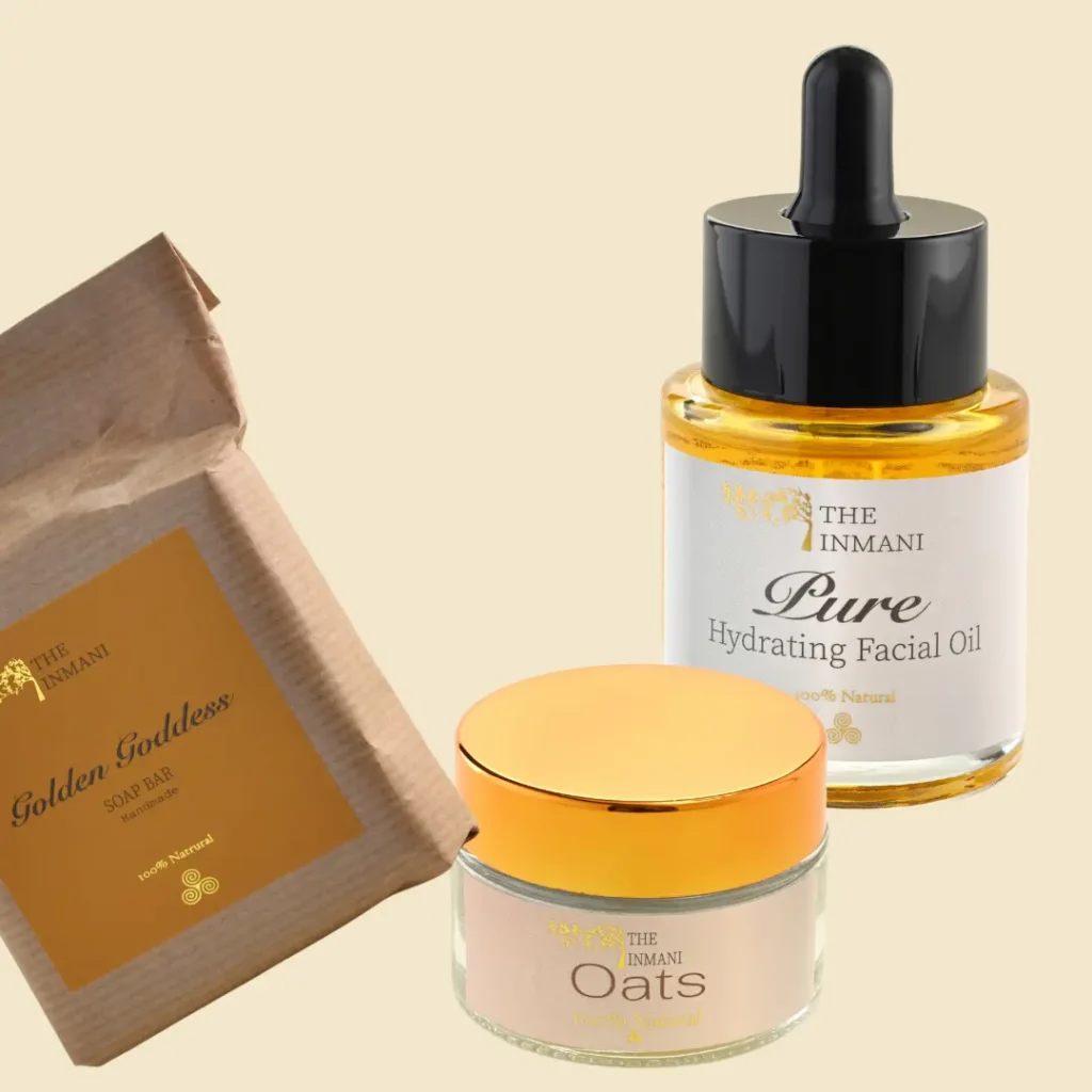 Beroligende hudplejekit til sensitiv og reaktiv hud fra THE INMANI med skånsom rens, ansigtsolie og mineralsk maske