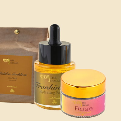 Nærende hudplejekit til tør og moden hud fra THE INMANI med ansigtssæbe, ansigtsolie og mineralsk maske