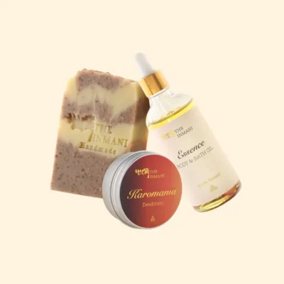 Regenererende kropsplejekit til moden hud fra THE INMANI med kropsolie og plejende kropsprodukter