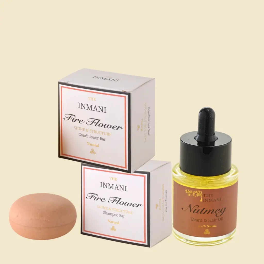 Genopbyggende plejekit til tørt, skadet eller farvebehandlet hår fra THE INMANI med Fire Flower shampoo bar, balsam bar og hårolie