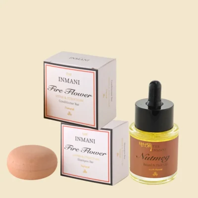 Genopbyggende plejekit til tørt, skadet eller farvebehandlet hår fra THE INMANI med Fire Flower shampoo bar, balsam bar og hårolie
