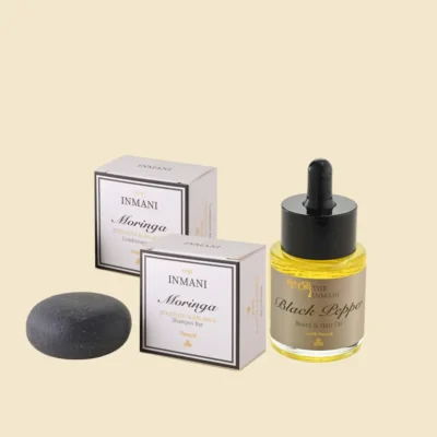 Plejekit til fedtet hår og hovedbund fra THE INMANI med Moringa shampoo bar, balsam bar og Black Pepper hårolie