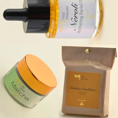 Regenererende hudplejekit til glød og well-aging fra THE INMANI med ansigtssæbe, ansigtsolie og antioxidant-rig mineralsk maske